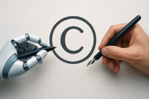 Robot and human hands drawing a copyright symbol together.
